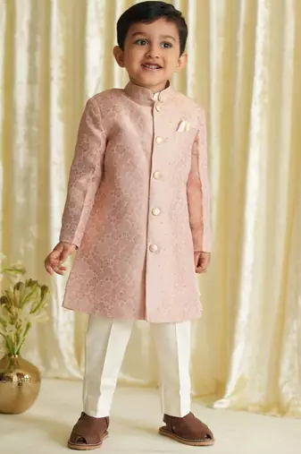 Pink embroidered brocade bandhgala set