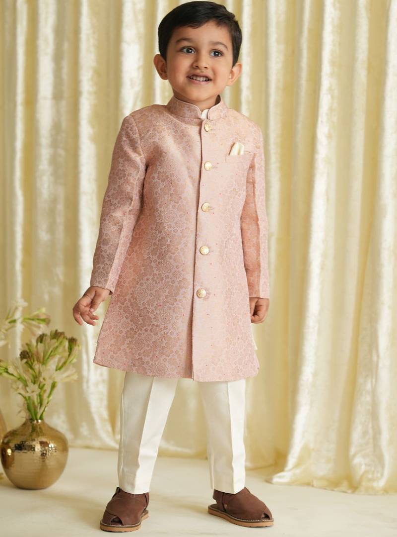 Pink embroidered brocade bandhgala set