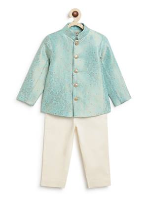 Blue embroidered brocade bandhgala set 2