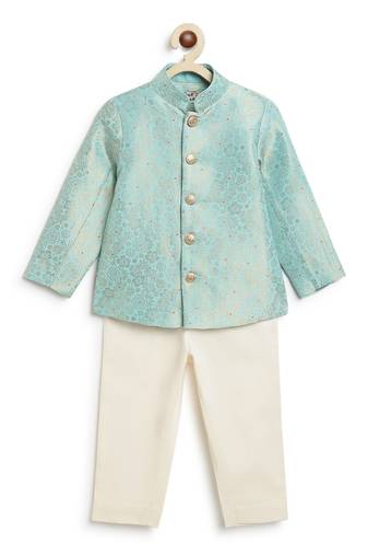 Blue embroidered brocade bandhgala set