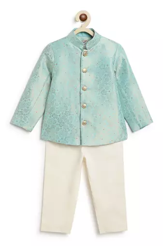 Blue embroidered brocade bandhgala set