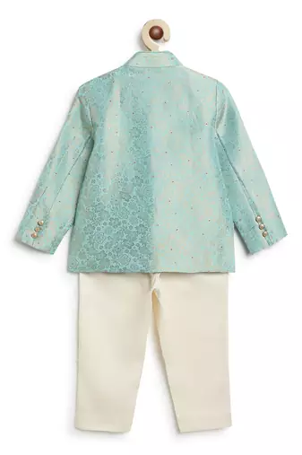 Blue embroidered brocade bandhgala set