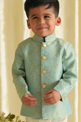 Blue embroidered brocade bandhgala set