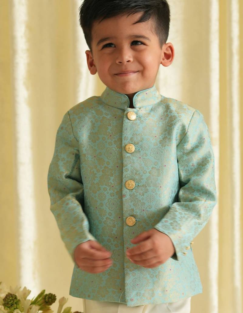 Blue embroidered brocade bandhgala set