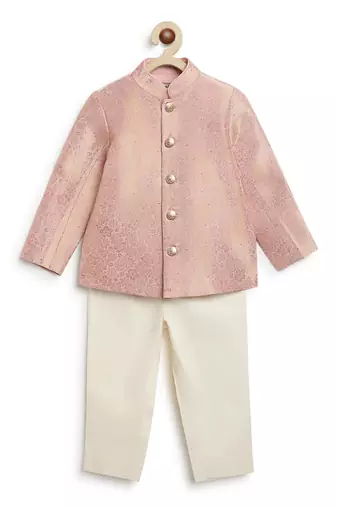 Pink embroidered brocade bandhgala set