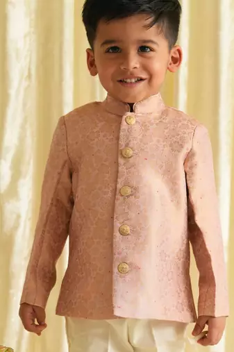 Pink embroidered brocade bandhgala set