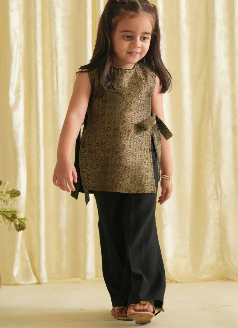 Black embroidered brocade co ord set