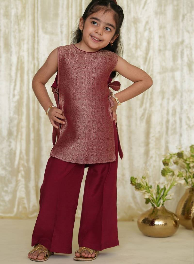 Maroon embroidered brocade co ord set