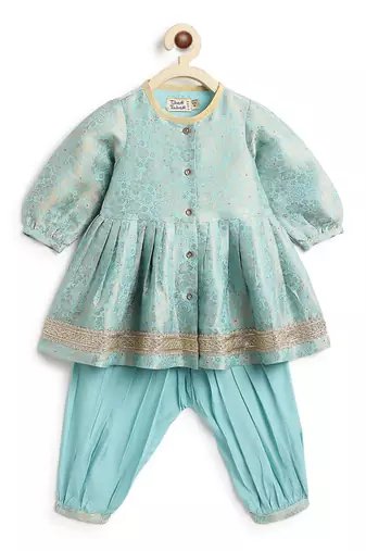 Blue embroidered brocade kurta set