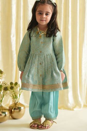 Blue embroidered brocade kurta set