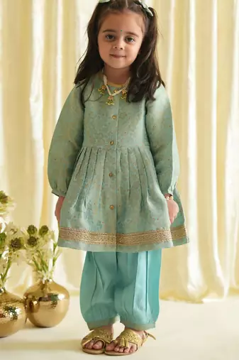 Blue embroidered brocade kurta set