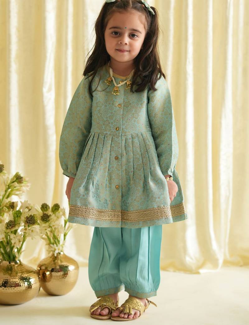 Blue embroidered brocade kurta set