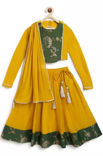 Yellow embroidered brocade lehenga set