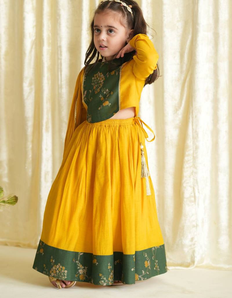 Yellow embroidered brocade lehenga set