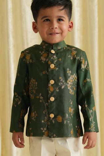 Green embroidered brocade bandhgala set