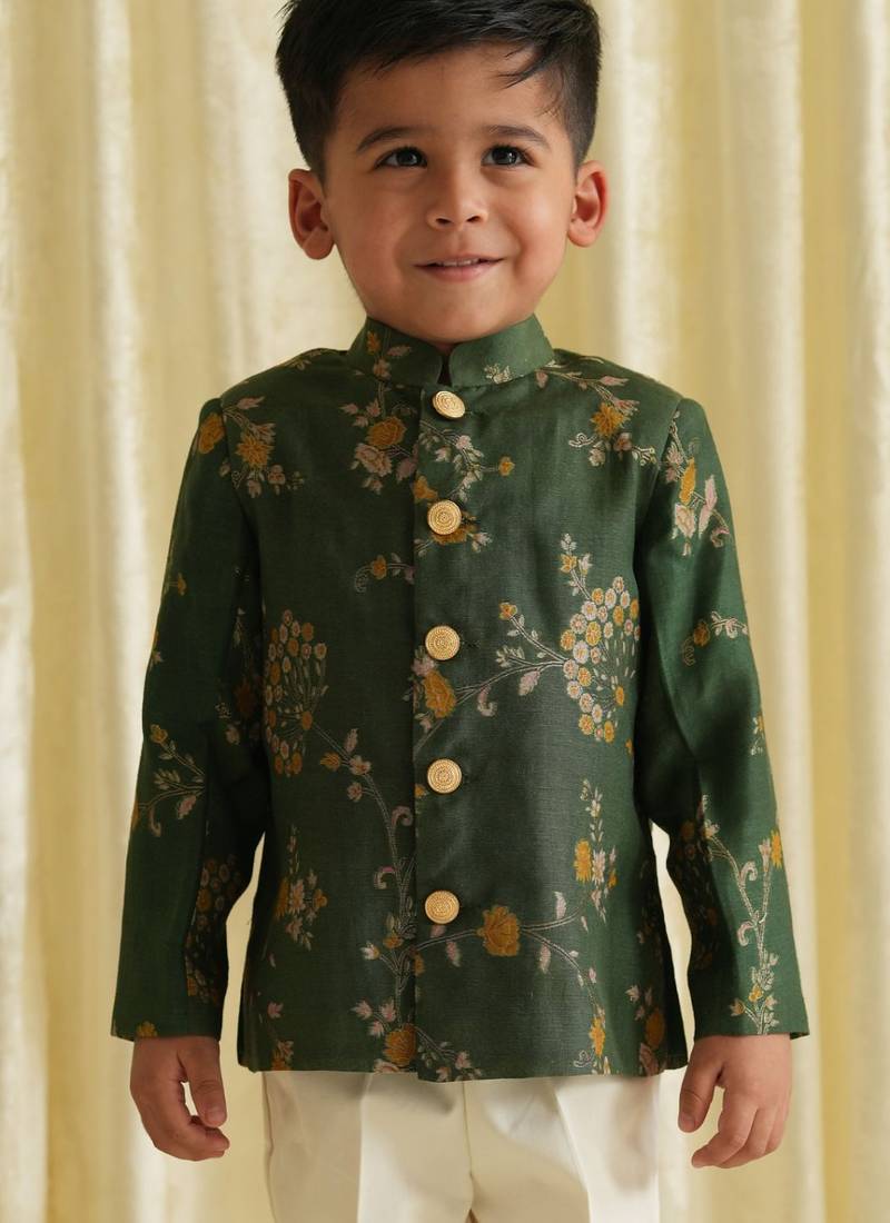 Green embroidered brocade bandhgala set