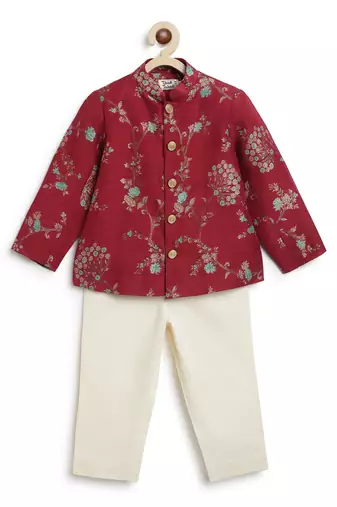 Red embroidered brocade bandhgala set