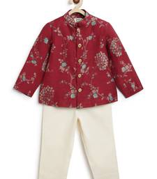 Red embroidered brocade bandhgala set