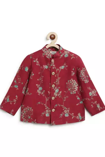 Red embroidered brocade bandhgala set