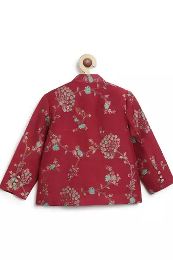 Red embroidered brocade bandhgala set