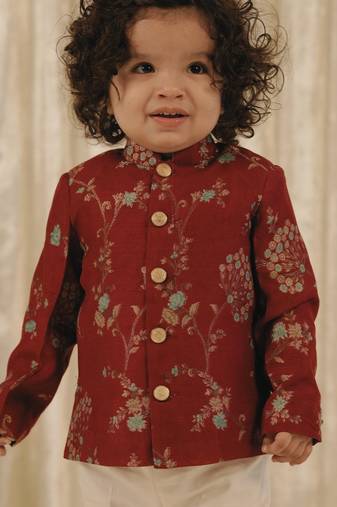 Red embroidered brocade bandhgala set