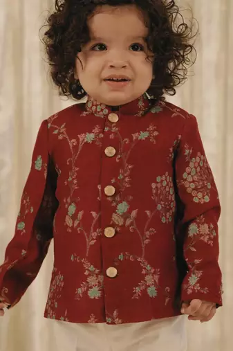 Red embroidered brocade bandhgala set