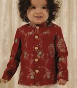 Red embroidered brocade bandhgala set