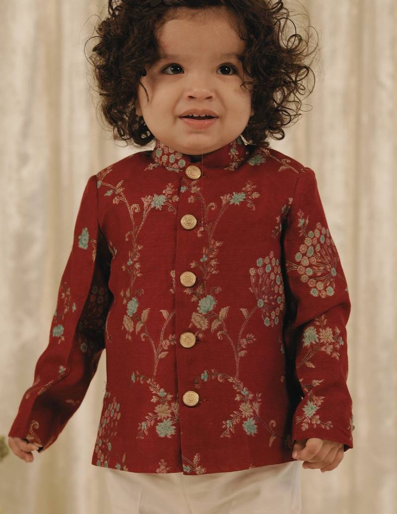 Red embroidered brocade bandhgala set