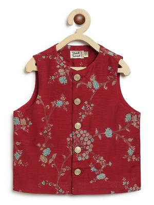 Red embroidered brocade nehru jacket 2