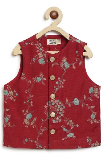 Red embroidered brocade nehru jacket