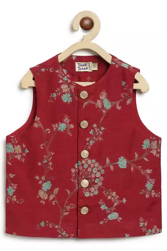 Red embroidered brocade nehru jacket