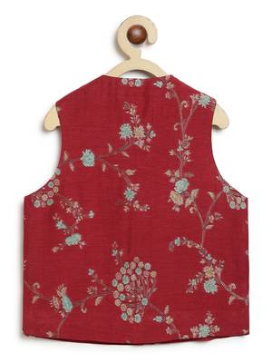 Red embroidered brocade nehru jacket 3