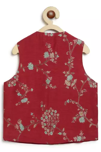 Red embroidered brocade nehru jacket