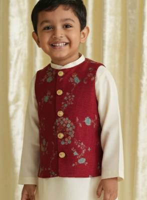 Red embroidered brocade nehru jacket 1