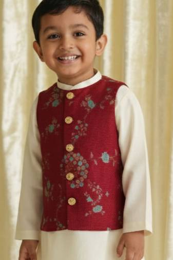 Red embroidered brocade nehru jacket