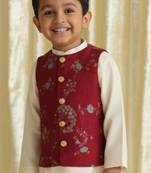 Red embroidered brocade nehru jacket