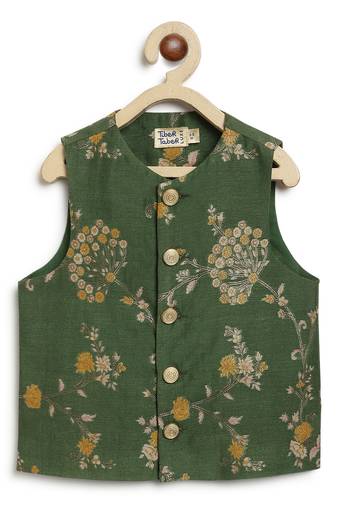 Green embroidered brocade nehru jacket
