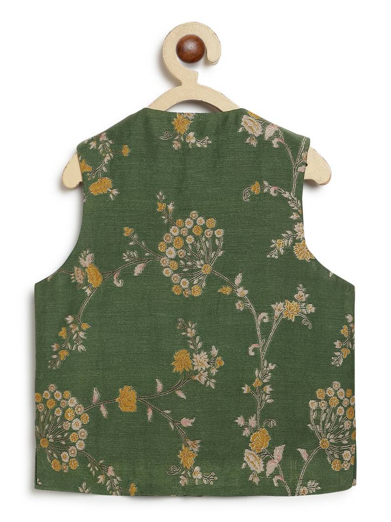 Green embroidered brocade nehru jacket