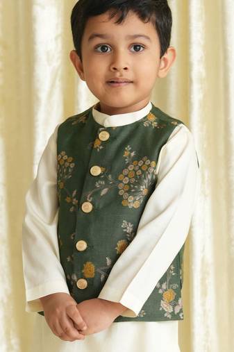 Green embroidered brocade nehru jacket
