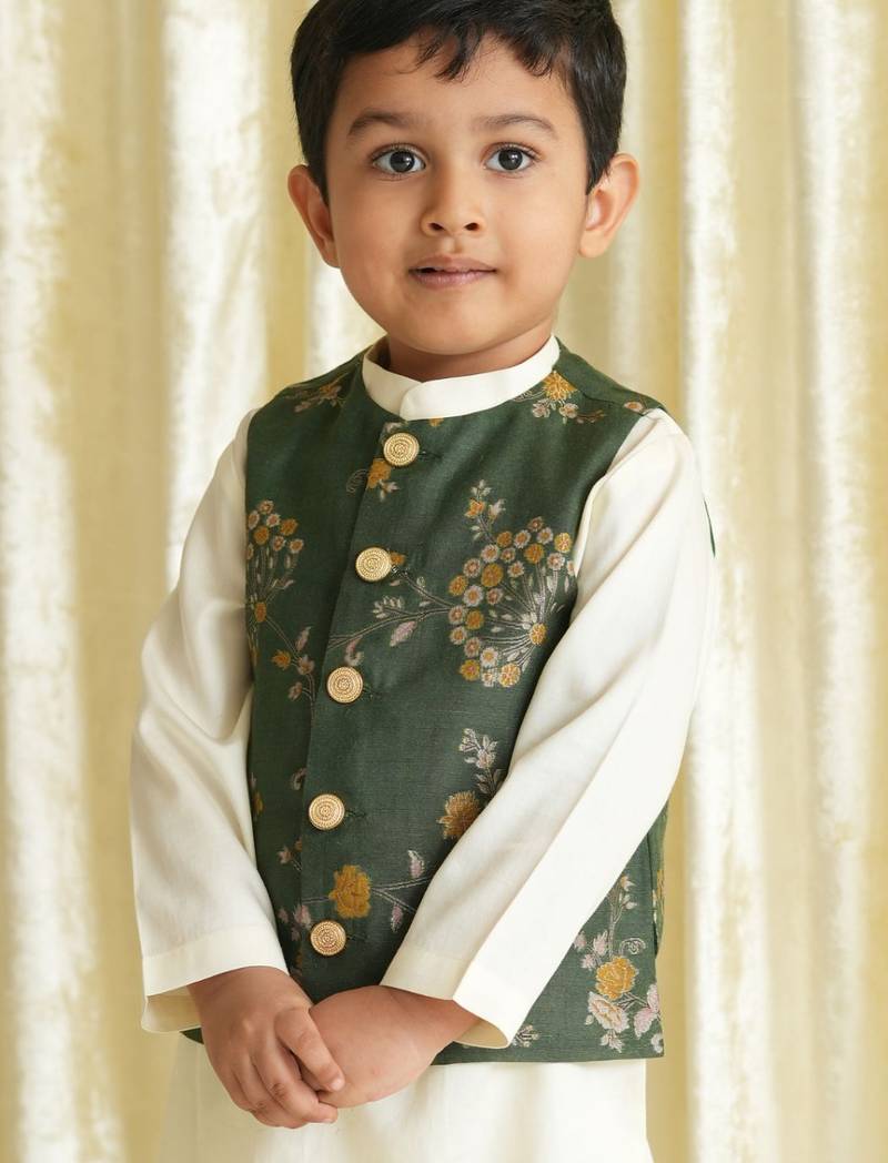 Green embroidered brocade nehru jacket