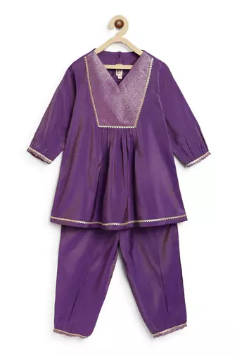 Purple embroidered brocade kurta set