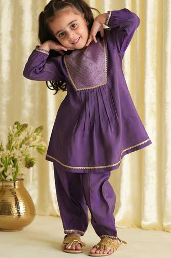 Purple embroidered brocade kurta set