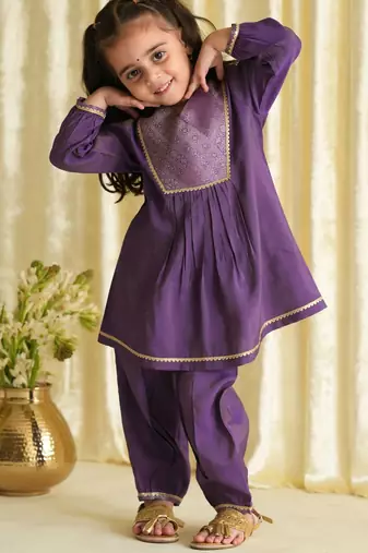 Purple embroidered brocade kurta set