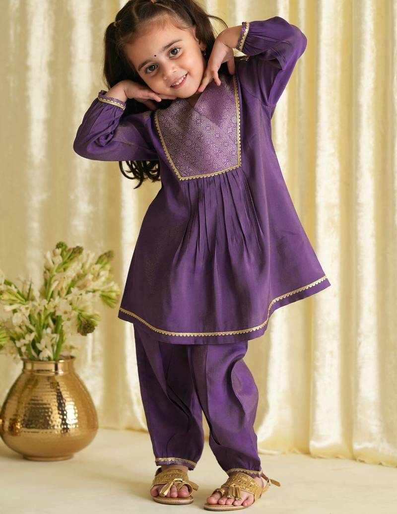 Purple embroidered brocade kurta set
