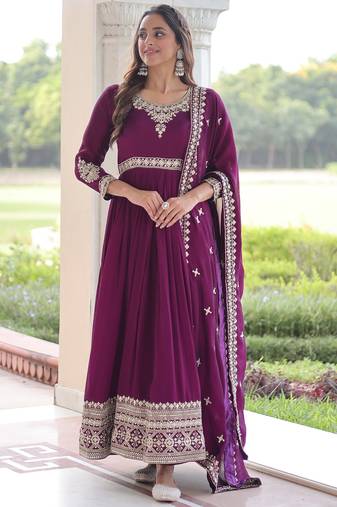 Purple Embroidered Silk Gown With Dupatta