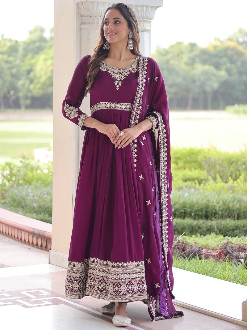 Purple Embroidered Silk Gown With Dupatta