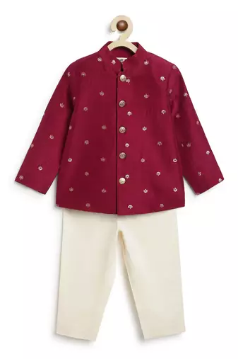 Maroon embroidered brocade bandhgala
