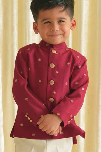 Maroon embroidered brocade bandhgala set