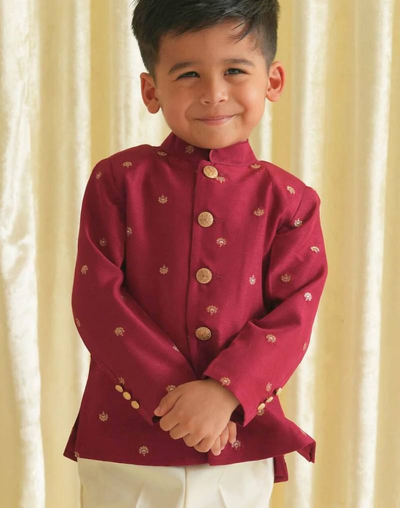 Maroon embroidered brocade bandhgala set