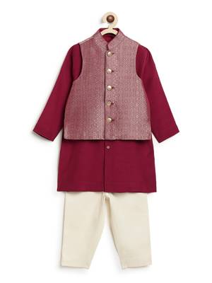 Maroon embroidered brocade nehru jacket set 2